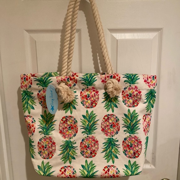 Pineapple Tote, Large Pineapple Beaded Canvas Tote With Large Rope Handles - Picture 1 of 16